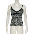 SUCHCUTE Leopard Print Slim Sexy Camisole Y2K Vintage 2000s Lace Patchwork V Neck Spaghetti Strap Tank Top Women Summer Vest New