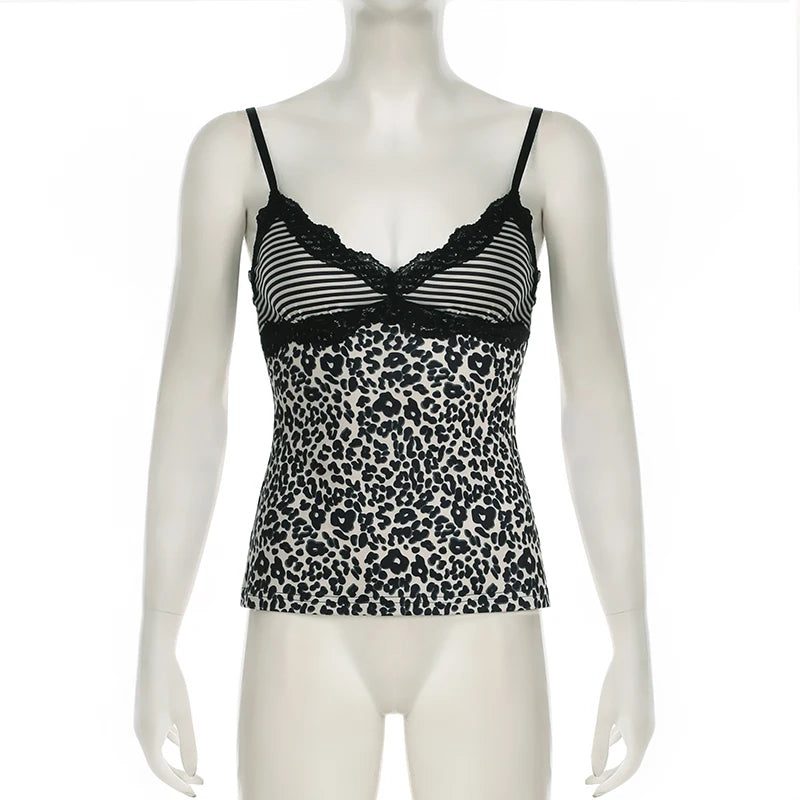 SUCHCUTE Leopard Print Slim Sexy Camisole Y2K Vintage 2000s Lace Patchwork V Neck Spaghetti Strap Tank Top Women Summer Vest New