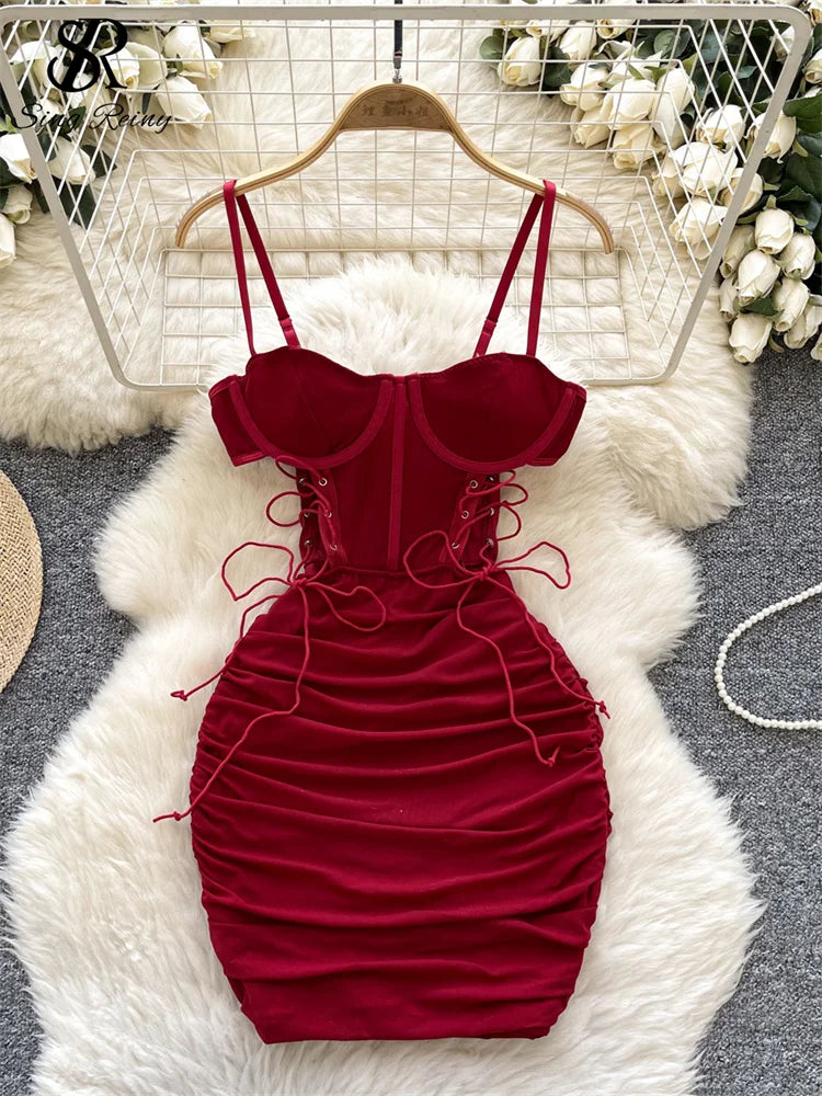 SINGREINY Summer Short Strap Dress Ladies Strapless Lace Up Hollow Out Design Pleated Slim Fit Print Sexy Clubwear Bodycon Dress
