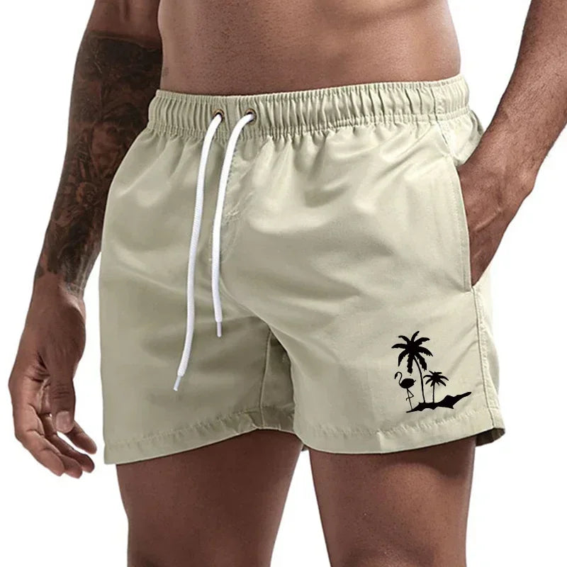 Pantalones cortos avec imprimé árbol de coco et flamenco para hombre, pantalons cortos de playa informales de verano, bañado