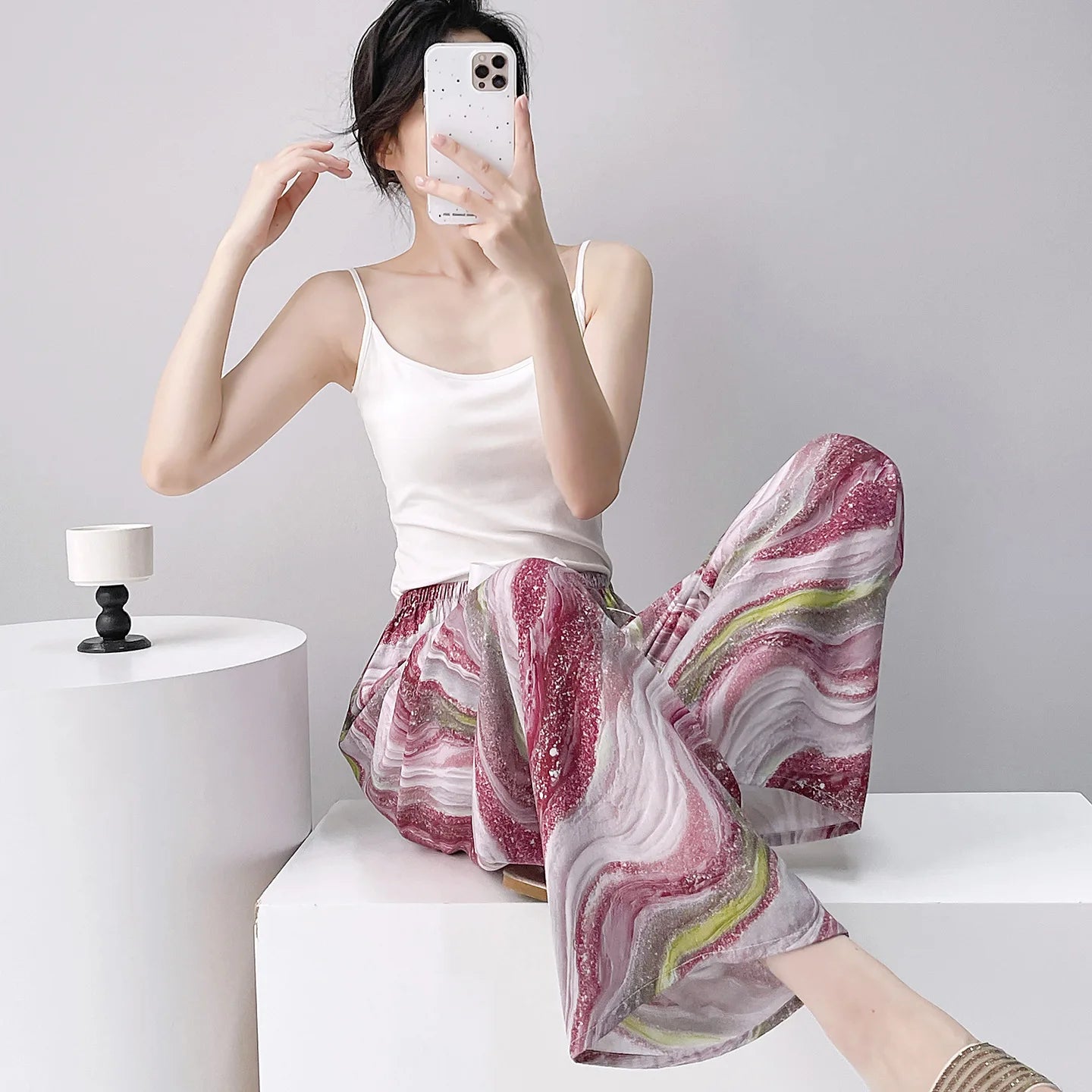 Women Casual Autumn Wide Leg Pants Floral Beach Trousers High Waist Boho Ethnic Style Calf Pants Four Season Girls Home Clothes