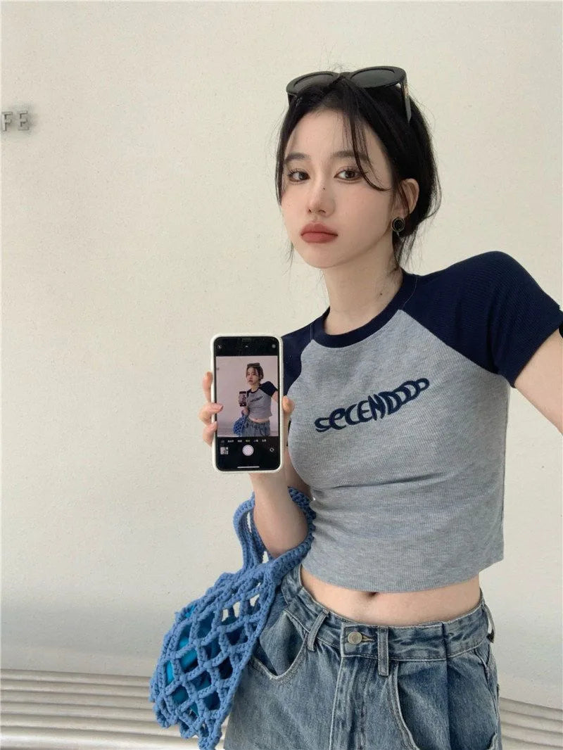 Y2K Women T Shirt Patchwork Letter Slim Fit Crop Tops Streetwear Casual Korean Fashion Short Sleeve Tshirts Bae Female Tees