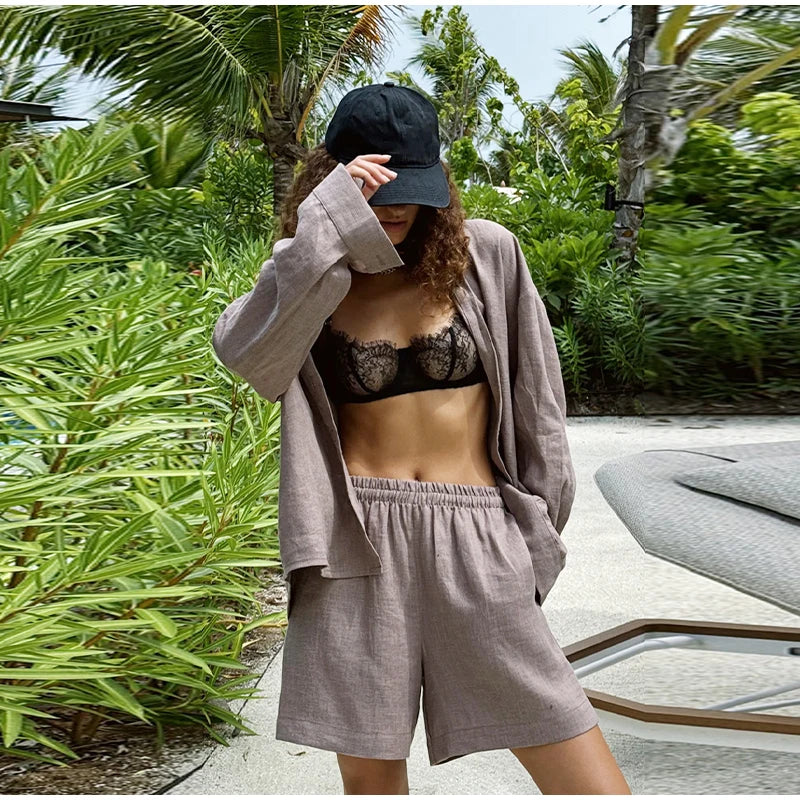 Casual Cotton Linen Pants Suit Women Solid Cozy Lapel Single Breasted Shirt Elastic Waist Wide Leg Pant 2026 Summer Loose Outfit