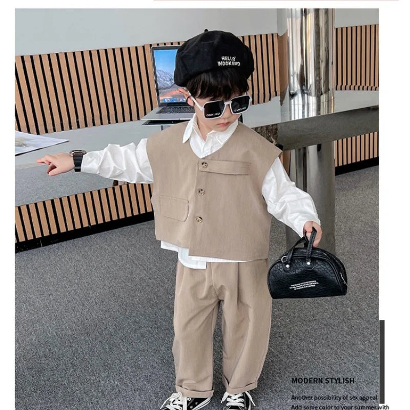 2026 Children Sets Shirts Turn-down Collar Vest Single Breasted Pants Ankle Length Loose Solid Soft Simple Casual Autumn Boys