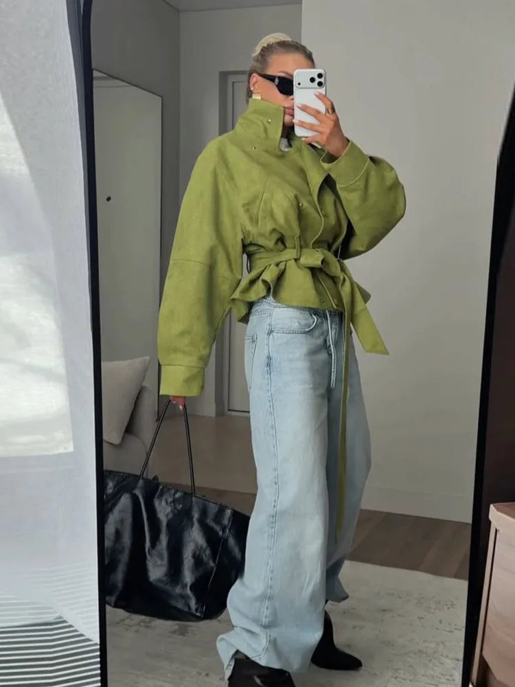Street Women's Faux Suede Belt Lace Up Jacket Loose Green Lapel Button Full Sleeve Coats 2026 Spring Summer Lady Casual Outwear