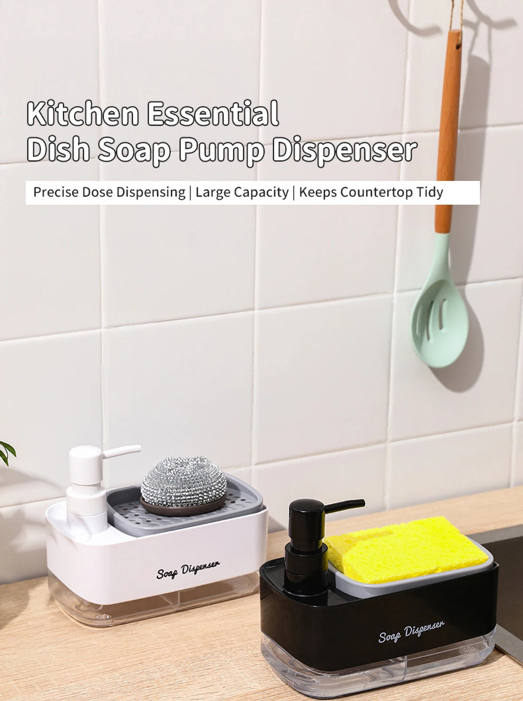 Dishwasher Dispenser, Press Type Manual Soap Dispenser, 2-in-1 Liquid Dispensing Methods, Easy to Detachable and Washable Sponge