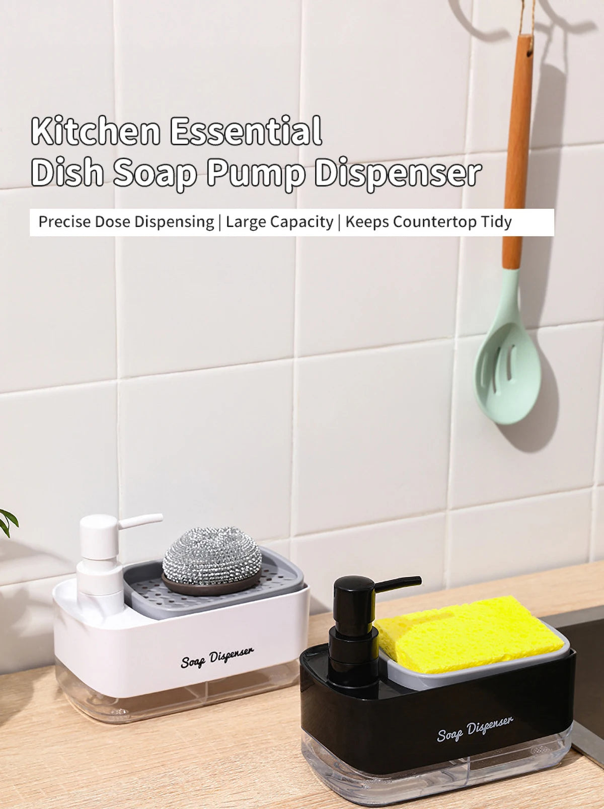 Dishwasher Dispenser, Press Type Manual Soap Dispenser, 2-in-1 Liquid Dispensing Methods, Easy to Detachable and Washable Sponge