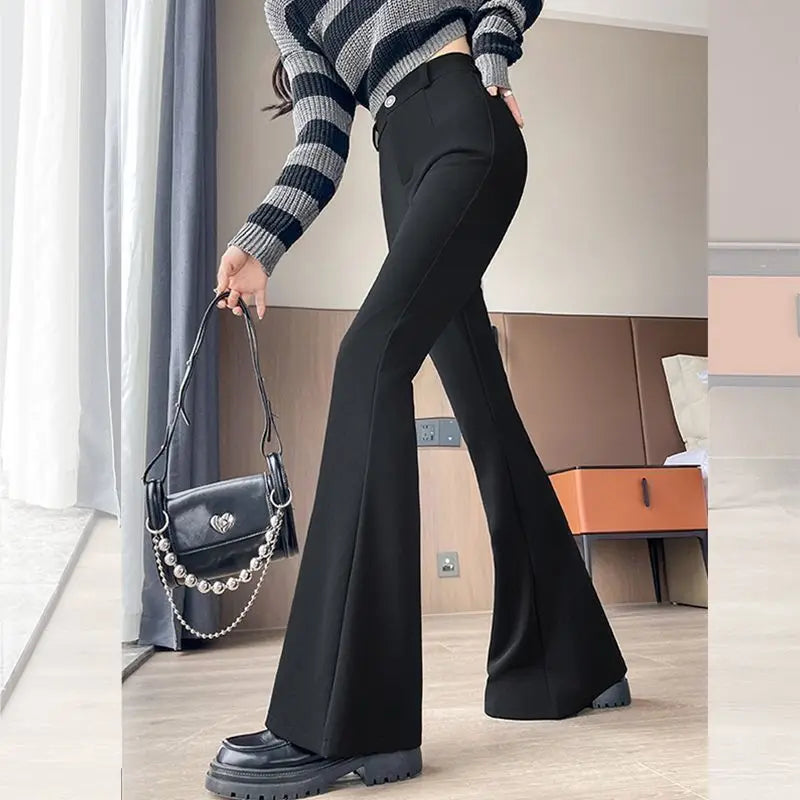 Women's High-Waisted Flared Pants Slim Fit Formal Trousers with Button Closure