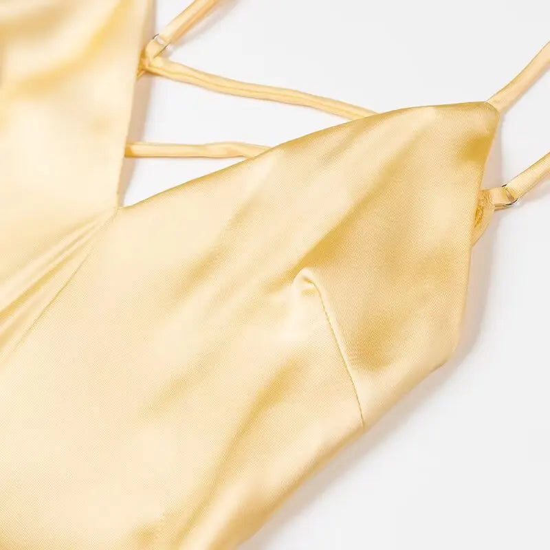 HH Women Summer Yellow Stain V Neck Sling Dress Elegant Sleeveless Loose Maxi Robes 2025 New Ladies Party Holiday Dresses