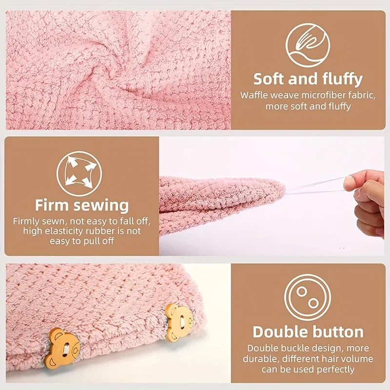 Solid Color Absorbent Hair Towel Wrap 9.8" X 25.5" Textured Dry Hair Cap for Button-Down Women