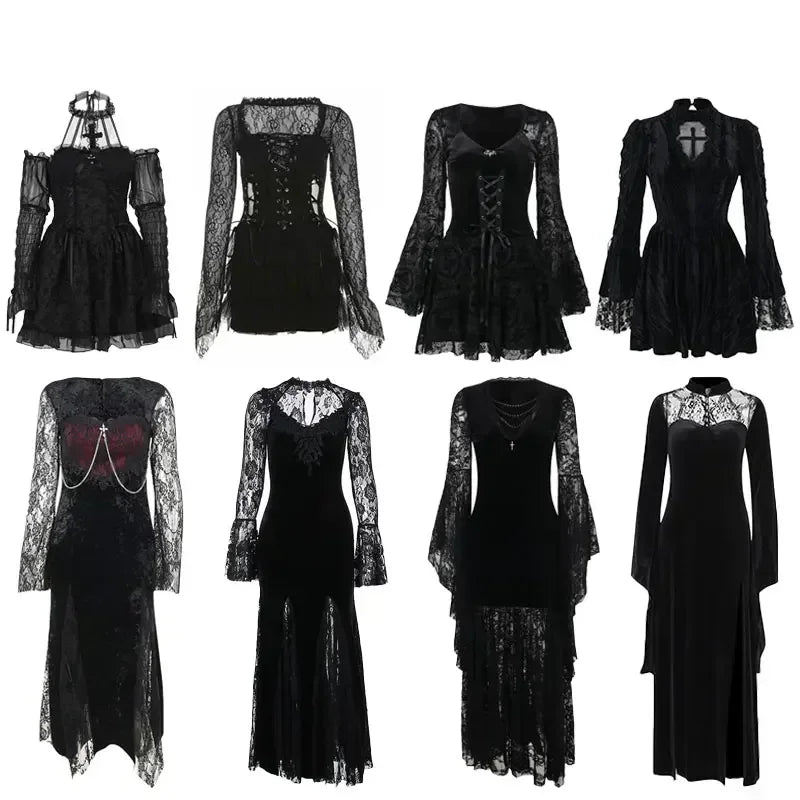 Halloween Gothic Grunge Punk Women Dress Long Sleeve Lace Slim Black Dresses 2026 New Y2K Harajuku Lolita Fairy Core Party Dress
