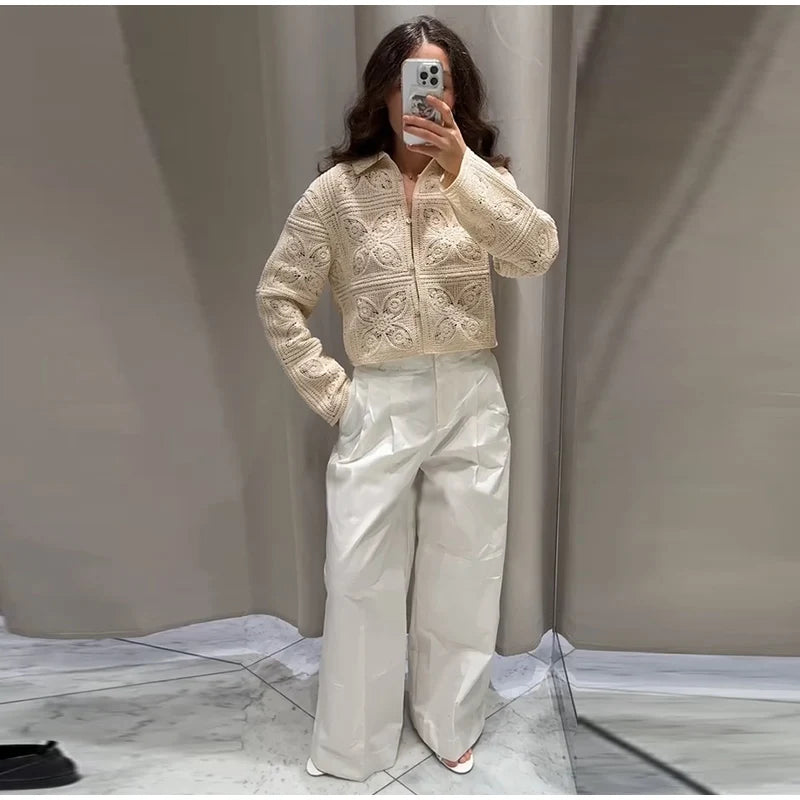 Sweater Crochet Tops Shorts Women Set Lapel Single Breasted Short Top Crochet Flower Hollow Out Shorts Casual Loose Woman Suits