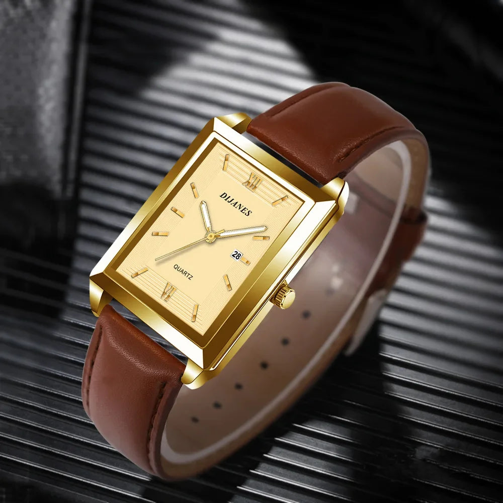 New Casual Leather Men's Square Quartz Watch Korean Student Calendar Watch Men Relojes Para Hombres