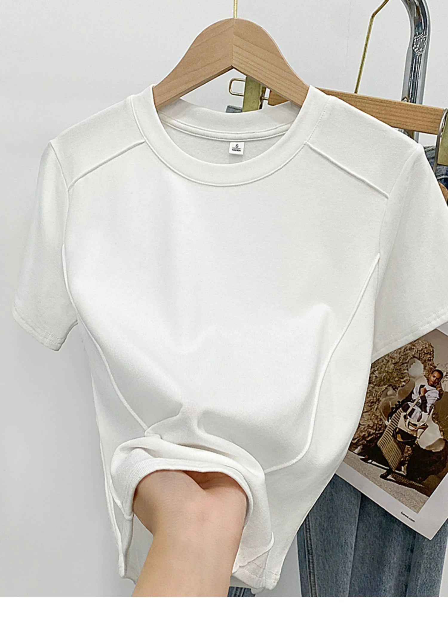 Solid color round-neck short-sleeved slim T-shirt for women 2026 summer and Europe new