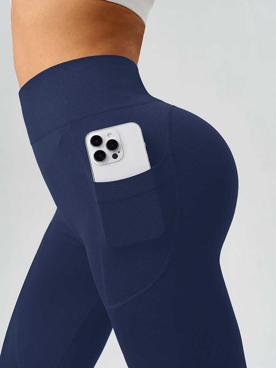 Flared Yoga Pants Women High Waist Bell Bottom Leggings Seamless Trousers w/Pockets Retro Gym Fitness Athleisure Wide Leg Pants