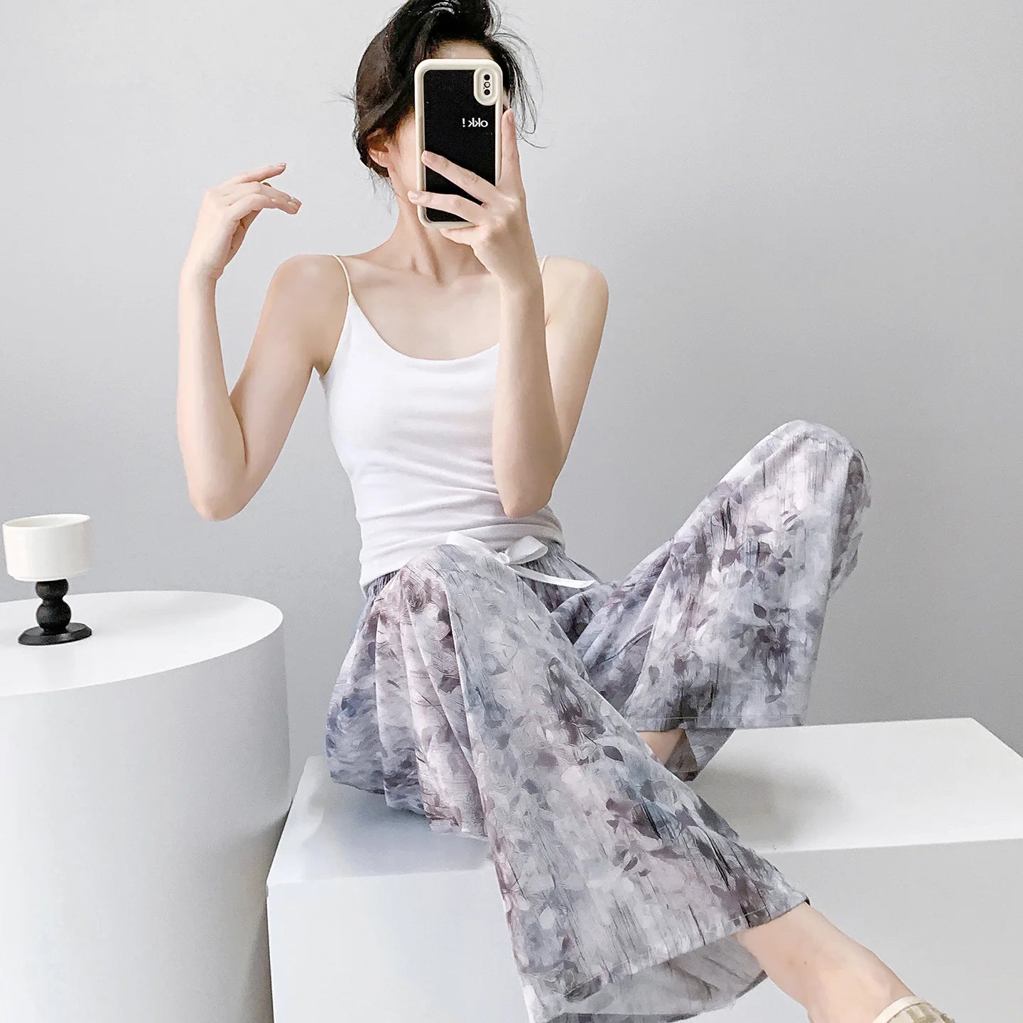 Women Casual Autumn Wide Leg Pants Floral Beach Trousers High Waist Boho Ethnic Style Calf Pants Four Season Girls Home Clothes