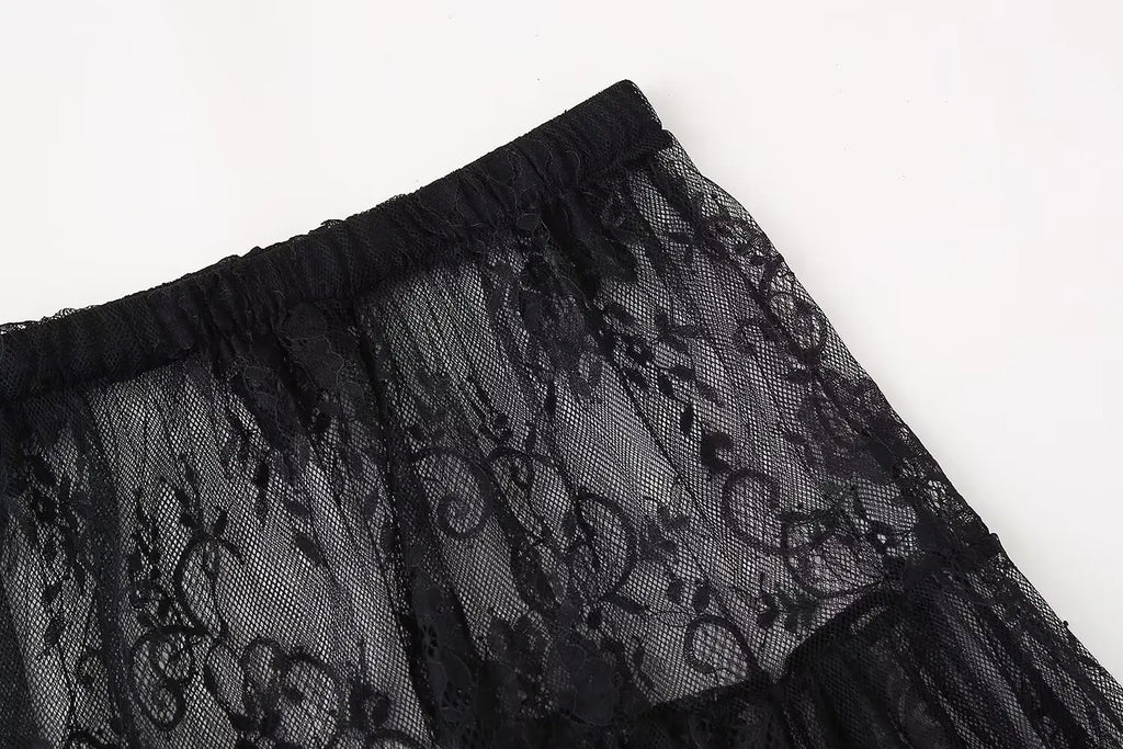 Black Lace Mesh Skirt Women's High Waist Midi Skirt Tulle Long Skirt Women's Translucent Party Women's Sexy Skirt 2024