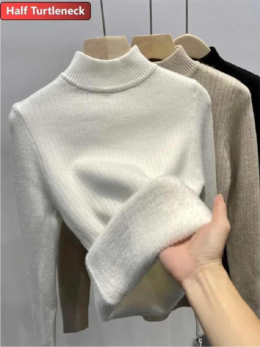 Winter Warm Sweater Pullover Women Slim Thicken Plush Velvet Lined Knitwear Jumper Korean Half Turtleneck Poleras Soft Knit Tops