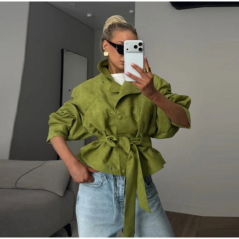 Street Women's Faux Suede Belt Lace Up Jacket Loose Green Lapel Button Full Sleeve Coats 2026 Spring Summer Lady Casual Outwear