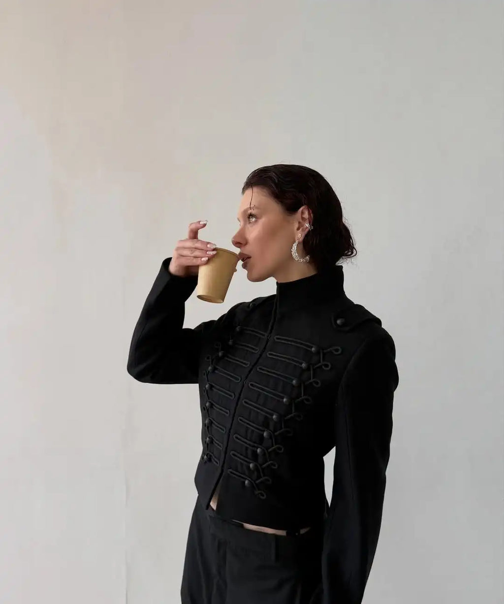 Solid Stand Collar Military Jacket Women Fashion Black Long Sleeve V-neck Short Jackets 2026 Lady Spring Autumn Chic Outwear New