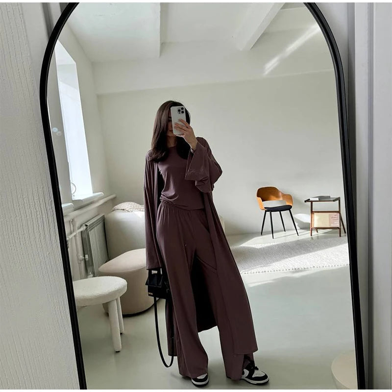 Casual Solid Women 3 Pieces Suits V-neck Long Coats O-neck Slim Top Wide Leg Trousers 2025 Spring Summer New Fashion Female Sets