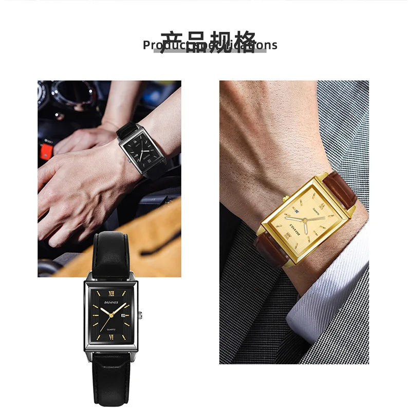 New Casual Leather Men's Square Quartz Watch Korean Student Calendar Watch Men Relojes Para Hombres