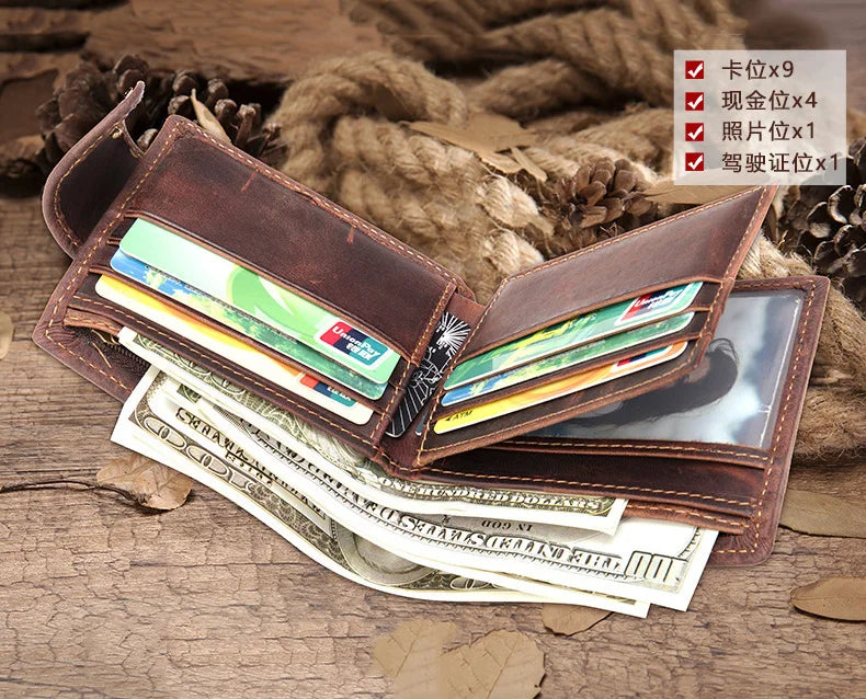 Crazy Horse Cowhide Leather Wallet for Men Genuine Leather Men Wallet Hasp Vintage Wallet Men