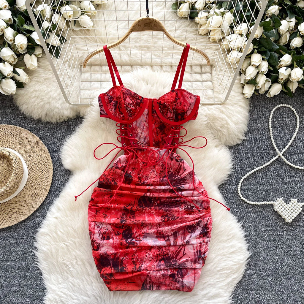 SINGREINY Summer Short Strap Dress Ladies Strapless Lace Up Hollow Out Design Pleated Slim Fit Print Sexy Clubwear Bodycon Dress