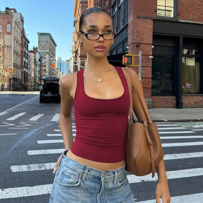 Square Collar Sleeveless Bodycon Crop tank Top Women’S Solid Sexy Elegant Y2K Top Party Clubwear Summer Outfit Wholesale