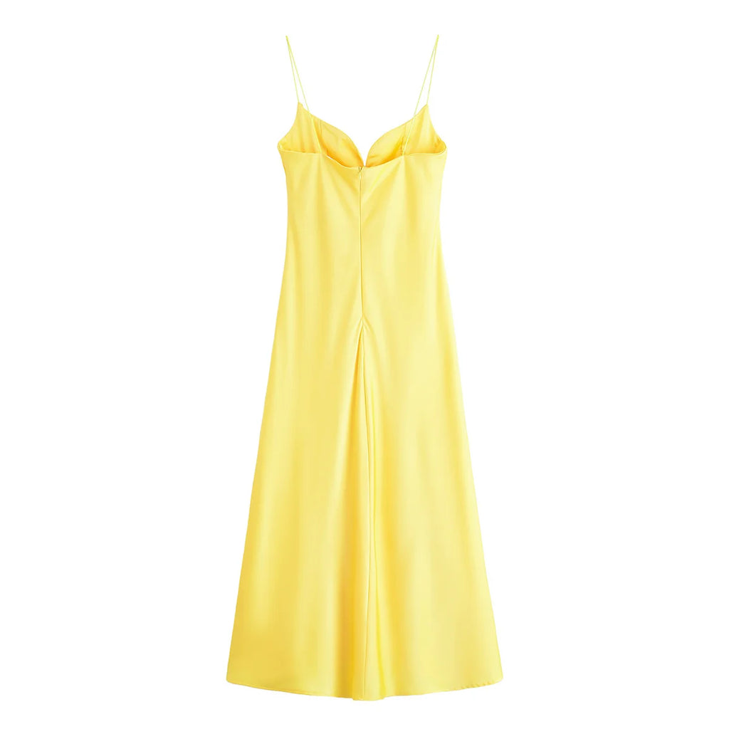 HH 2025 Women Red V-Neck Holiday Style Satin Texture Long Dress Sleeveless Summer Women's Back Zipper Fashion Sling Dresses