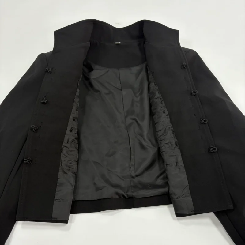 Women's Napoleon Style Black Cropped Jacket Coat Long Sleeve Tops Braided Button Trim Vintage Slim Fit Fashion Lady Outerwear