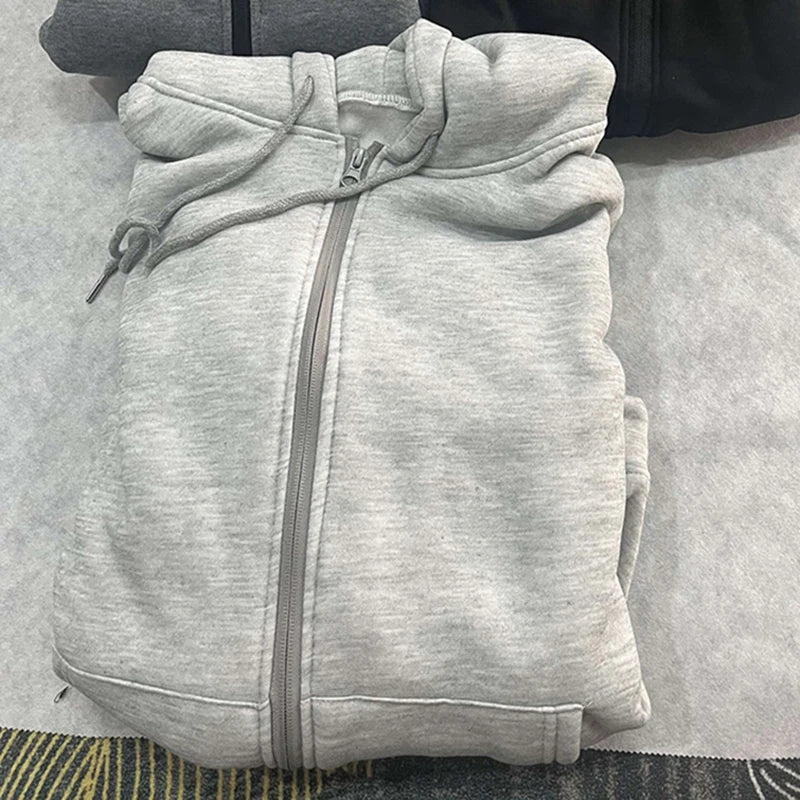 Alobee Autumn Women Gray Black Jacket With Hood Long Sleeve Zipper Jacket Coat Woman Loose Casual Big Pocket Outerwear Coat Tops