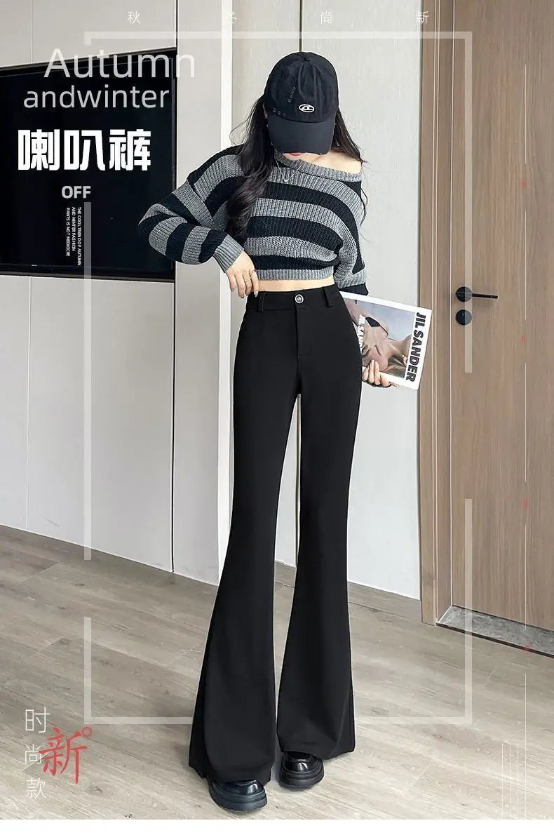 Women's High-Waisted Flared Pants Slim Fit Formal Trousers with Button Closure