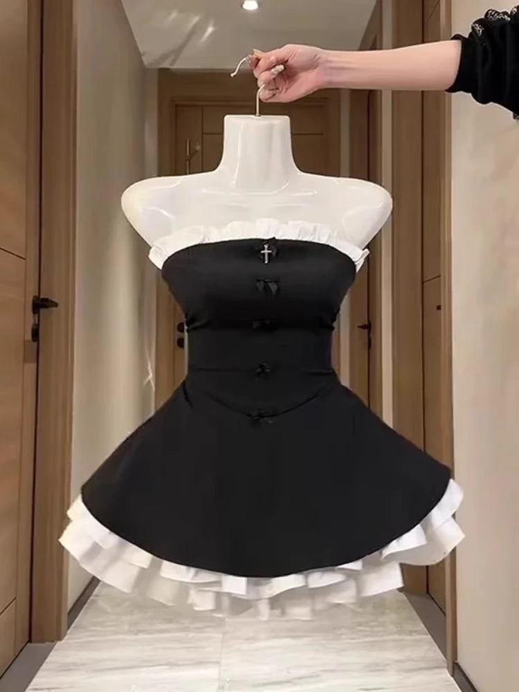 Summer New Vintage Elegant Woman Dress Strapless Bow Patchwork High Waist Puffy Mini Dress Female French Chic Sexy Outfits 2025