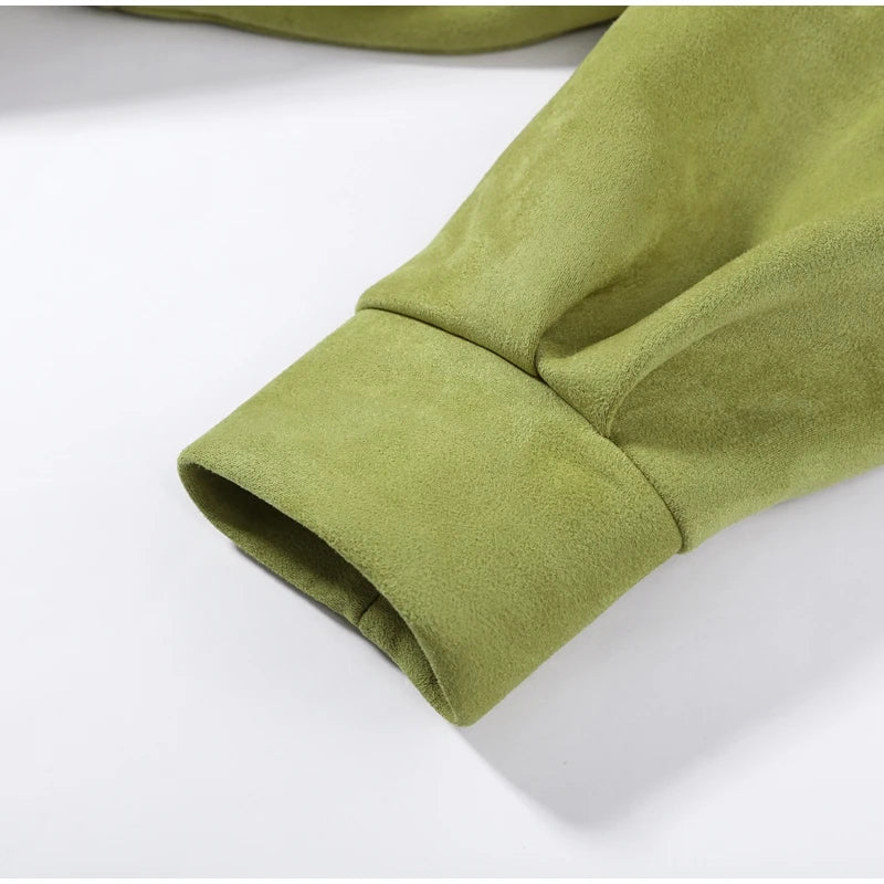 Street Women's Faux Suede Belt Lace Up Jacket Loose Green Lapel Button Full Sleeve Coats 2026 Spring Summer Lady Casual Outwear