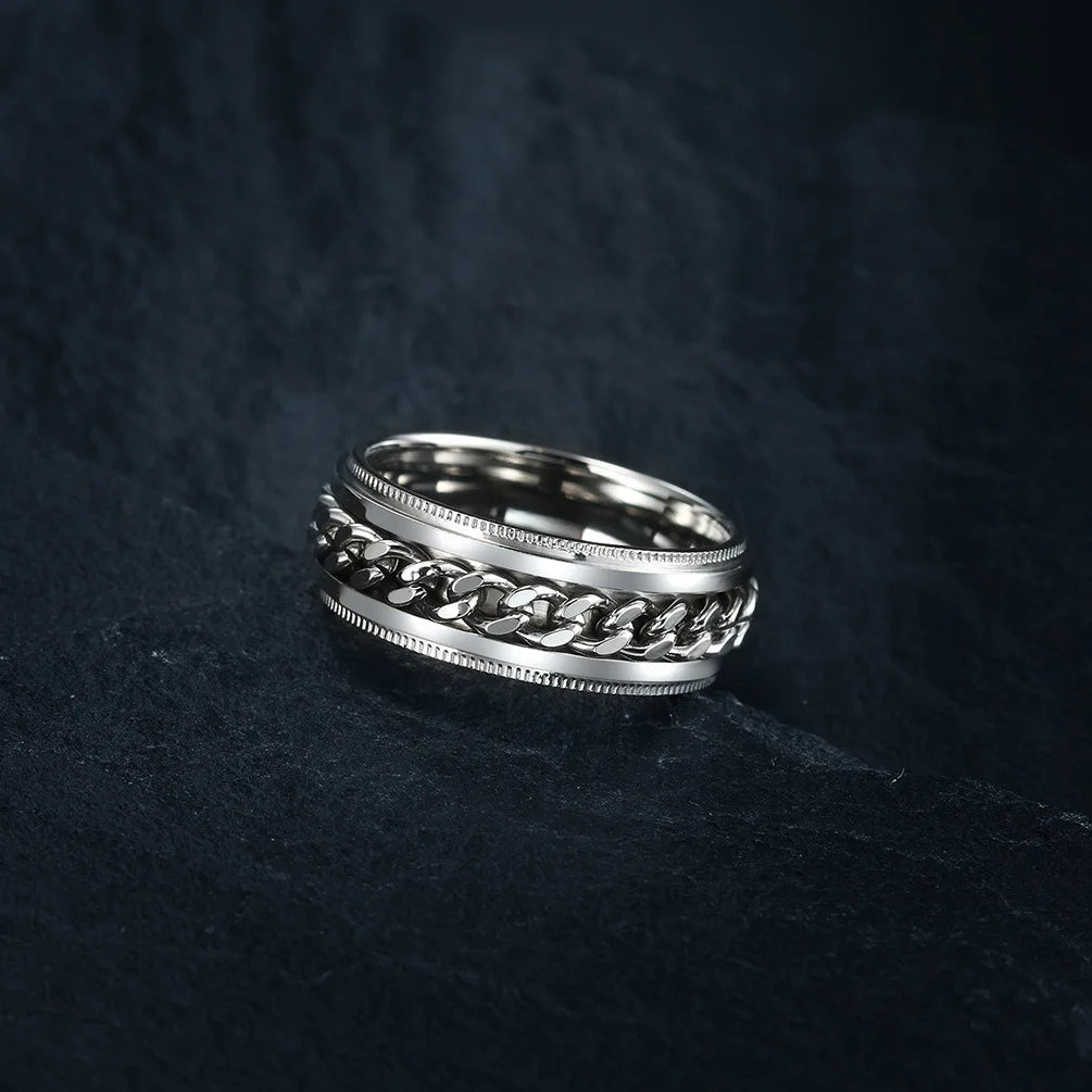 Titanium Steel Rotatable Chain Fidget Spinner Mens Rings Multifunction Anti Stress Knuckle Ring Accessories Anillo Hombres