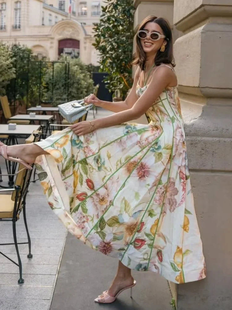 Printed Sleeveless Halter Long Dress Women Chic Waist Cinching A-line Sling Slim Fit Dresses Lady Spring Summer Vacation Gown