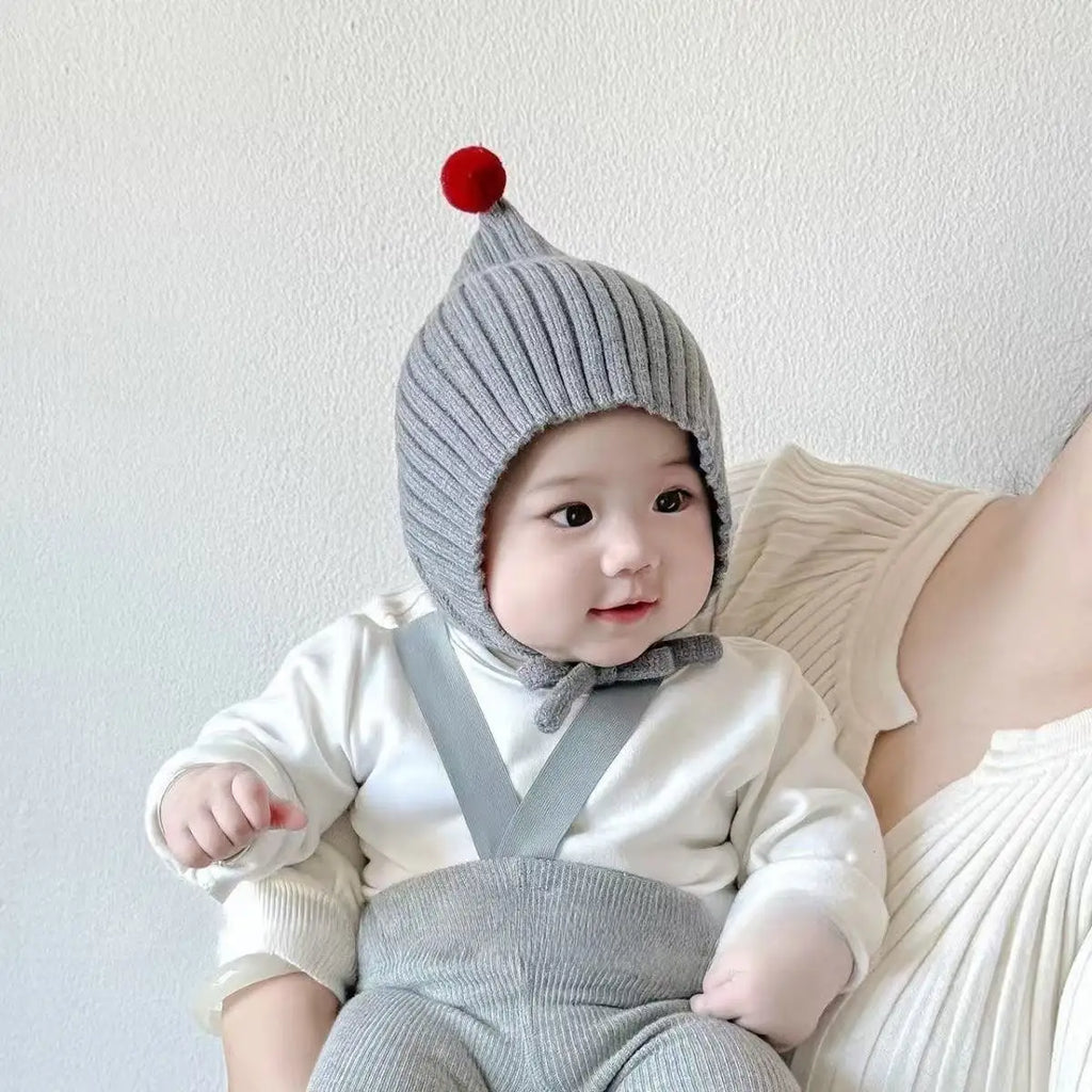 0-24M Baby Beanie Newborn Elf Hat Spring Autumn Knitted Windproof Warm Earflap Cap With Pom Pom
