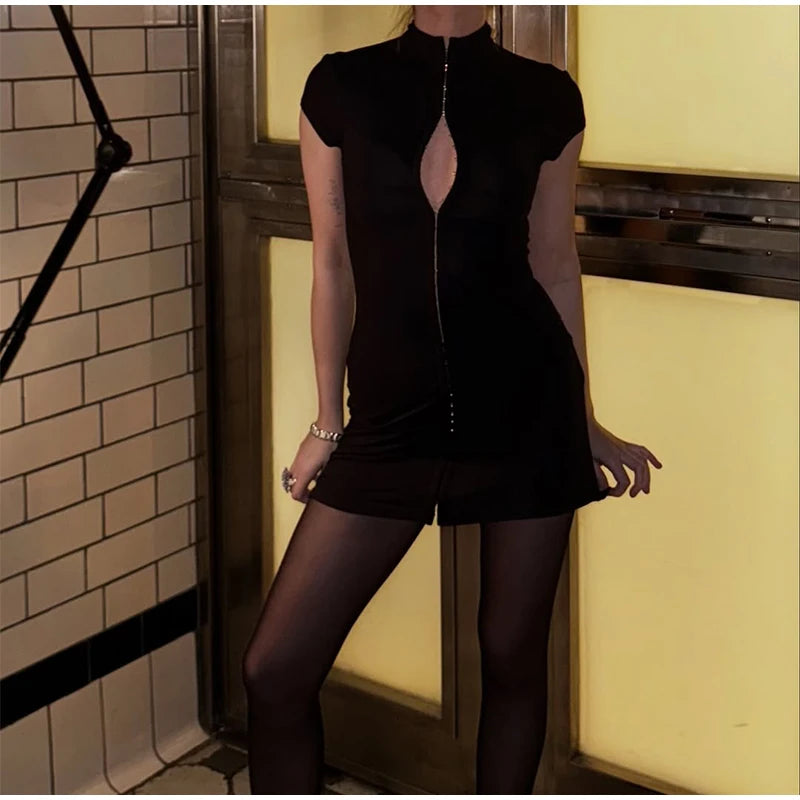 Black Women Hollow Out Slit Dress Sexy Short Sleeve Solid High Neck Slim Fit Maxi Dresses Lady Fashion Evening Party Club Robe
