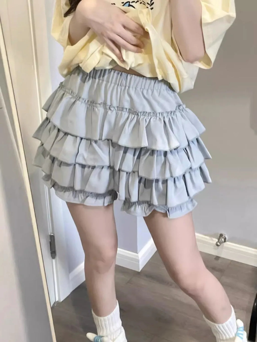 Puffy Cake Mini Skirts Women Ruched Ruffle High Waist Solid All-match Sweet Lovely Girls College Harajuku Trendy Streetwear Ins