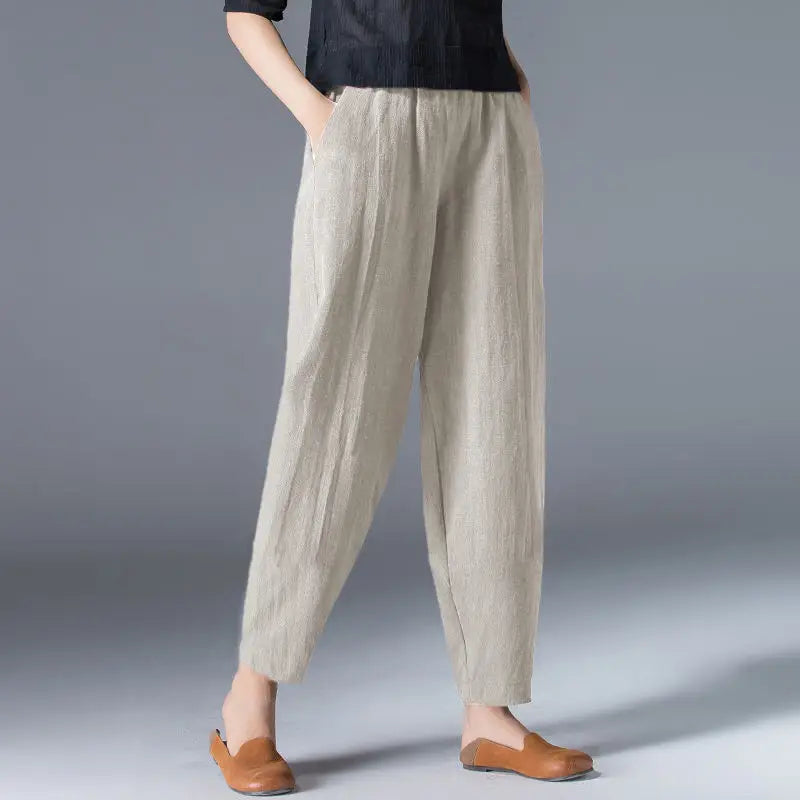 Cotton Wide Leg Pants Female Loose Oversized Solid Color Harem Summer Casual Elastic Waist Ankle-length Pants Women Clothing