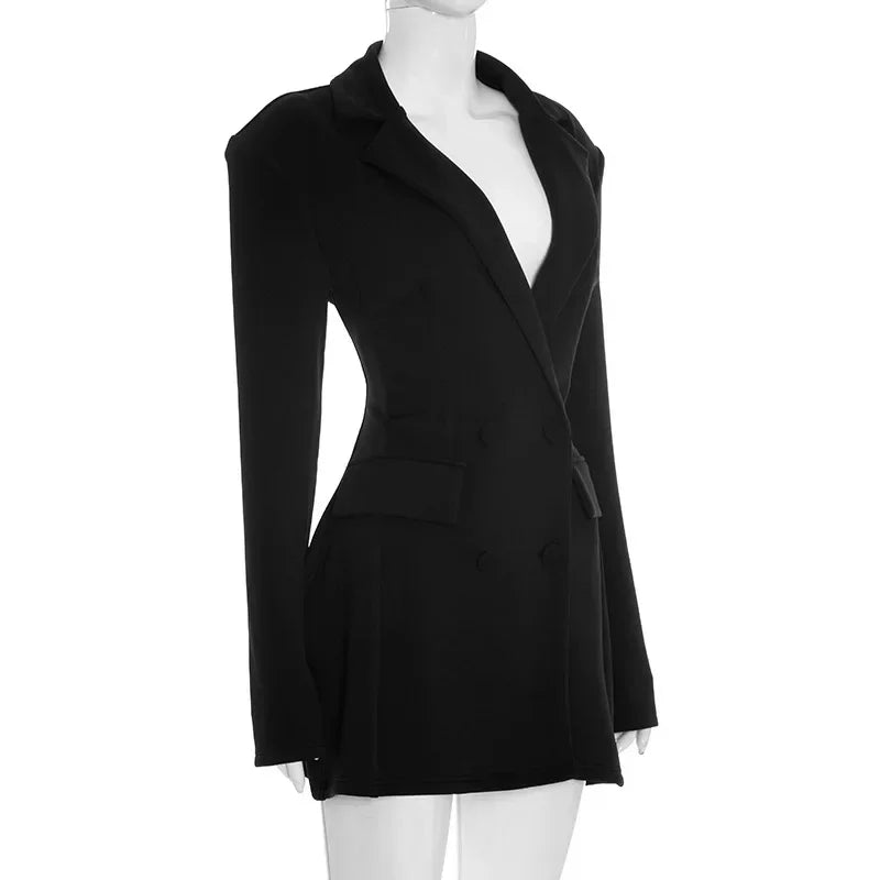 Chic Waist Cinching Women Mini Dress Fashion Full Sleeve Deep V-neck Double Breasted Short Dresses Lady Daily Party Street Gown
