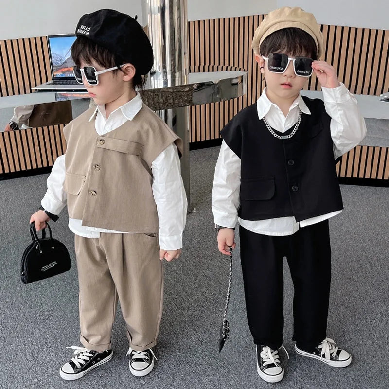 2026 Children Sets Shirts Turn-down Collar Vest Single Breasted Pants Ankle Length Loose Solid Soft Simple Casual Autumn Boys