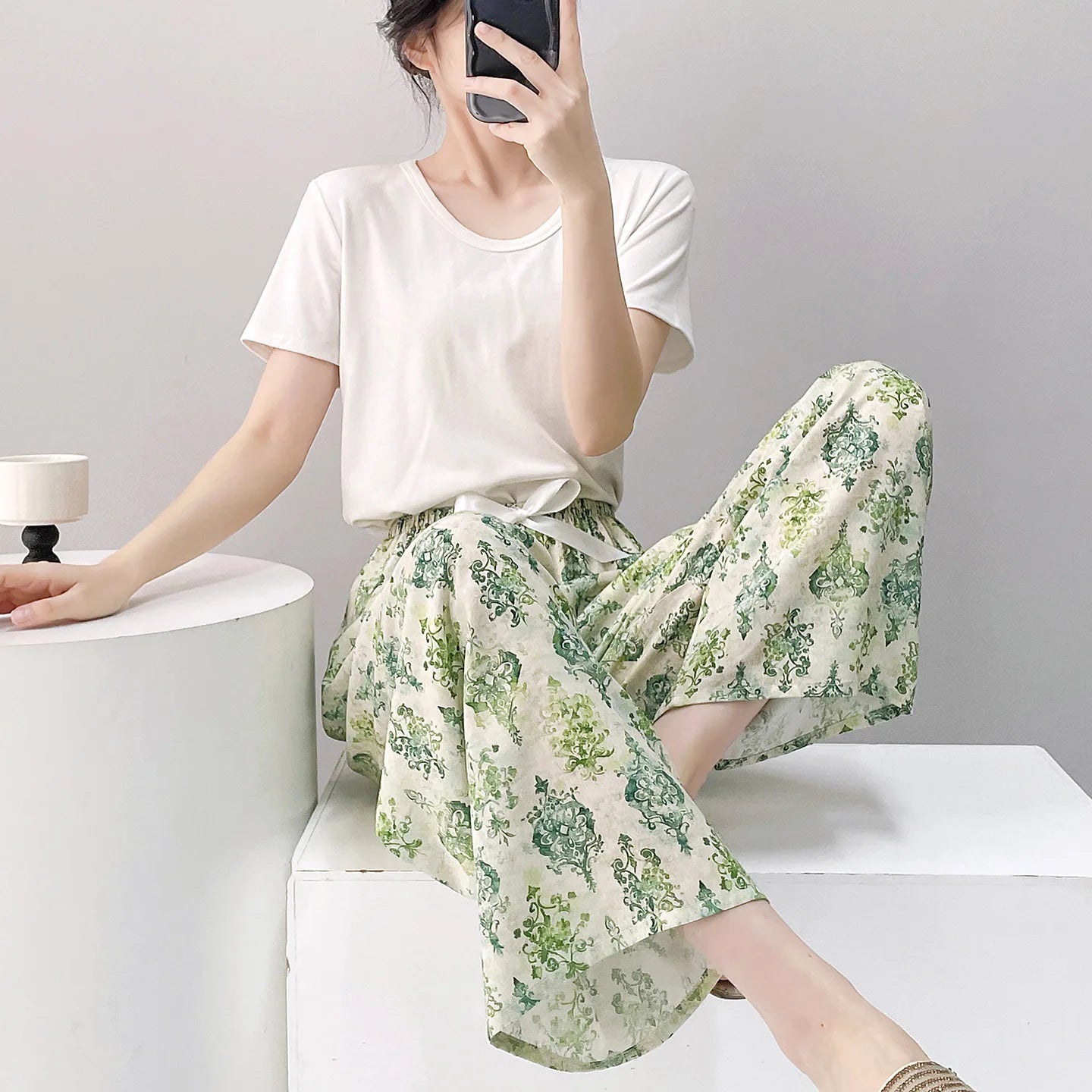 Women Casual Autumn Wide Leg Pants Floral Beach Trousers High Waist Boho Ethnic Style Calf Pants Four Season Girls Home Clothes