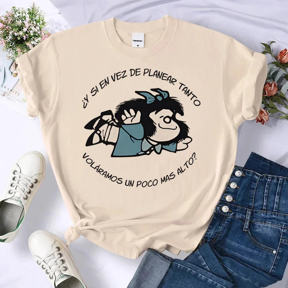 Mafalda Top Women's Casual Loose Comfortable Summer Pattern Manga T-shirt Female Designer Harajuku Clothing