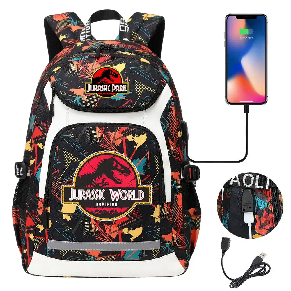 Jurassic World Park Dinosaur Girls Boys Kids School Book Bags USB Teenagers Schoolbags Women Men Laptop Travel Backpack