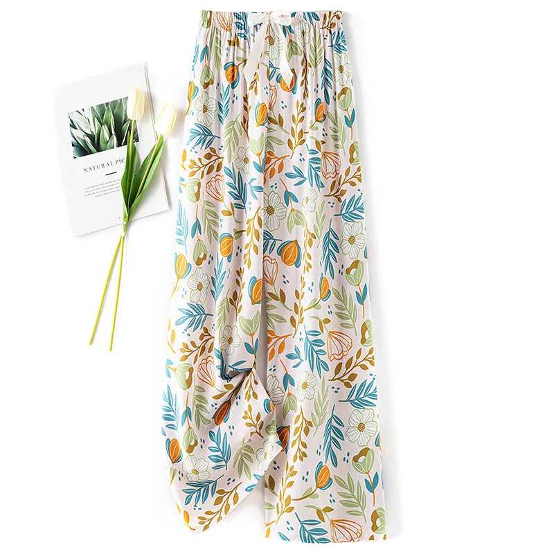 Women Casual Autumn Wide Leg Pants Floral Beach Trousers High Waist Boho Ethnic Style Calf Pants Four Season Girls Home Clothes