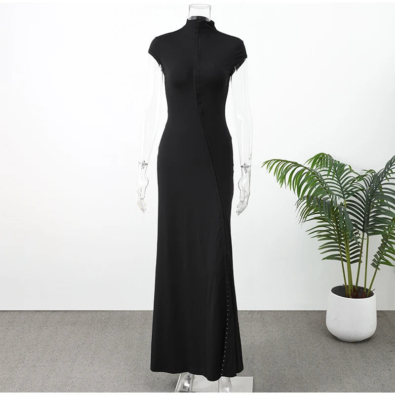 Black Women Hollow Out Slit Dress Sexy Short Sleeve Solid High Neck Slim Fit Maxi Dresses Lady Fashion Evening Party Club Robe