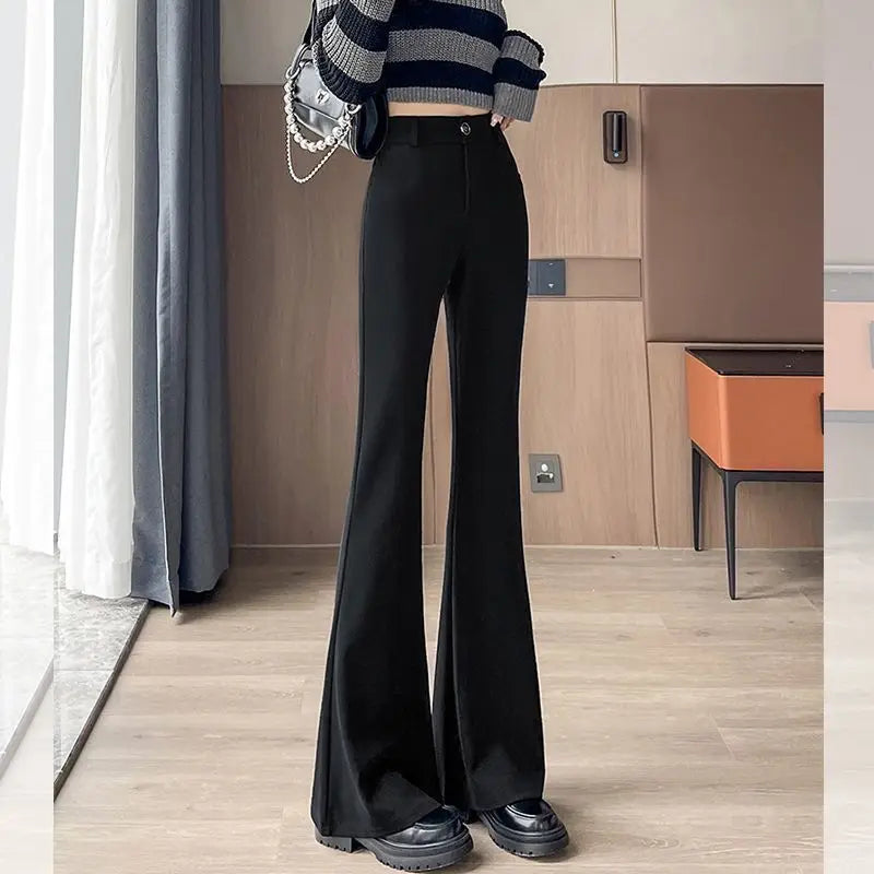 Women's High-Waisted Flared Pants Slim Fit Formal Trousers with Button Closure