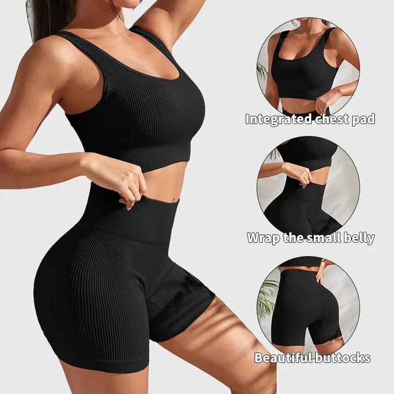 Seamless Ribbed Fitness Set for Women Solid Color Knit 2 Piece Workout Outfit Crop Tank High Waist Shorts Yoga Running